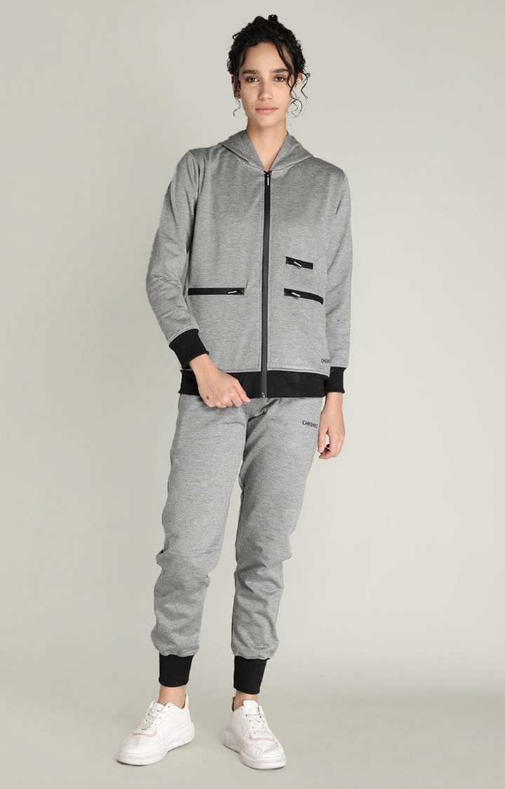 Women's Grey Melange Polyester Activewear Jackets