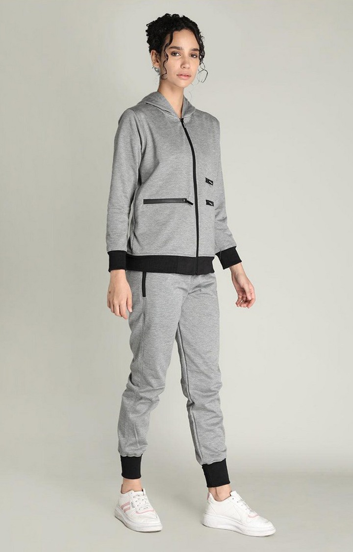 Women's Grey Melange Textured Polyester Tracksuit