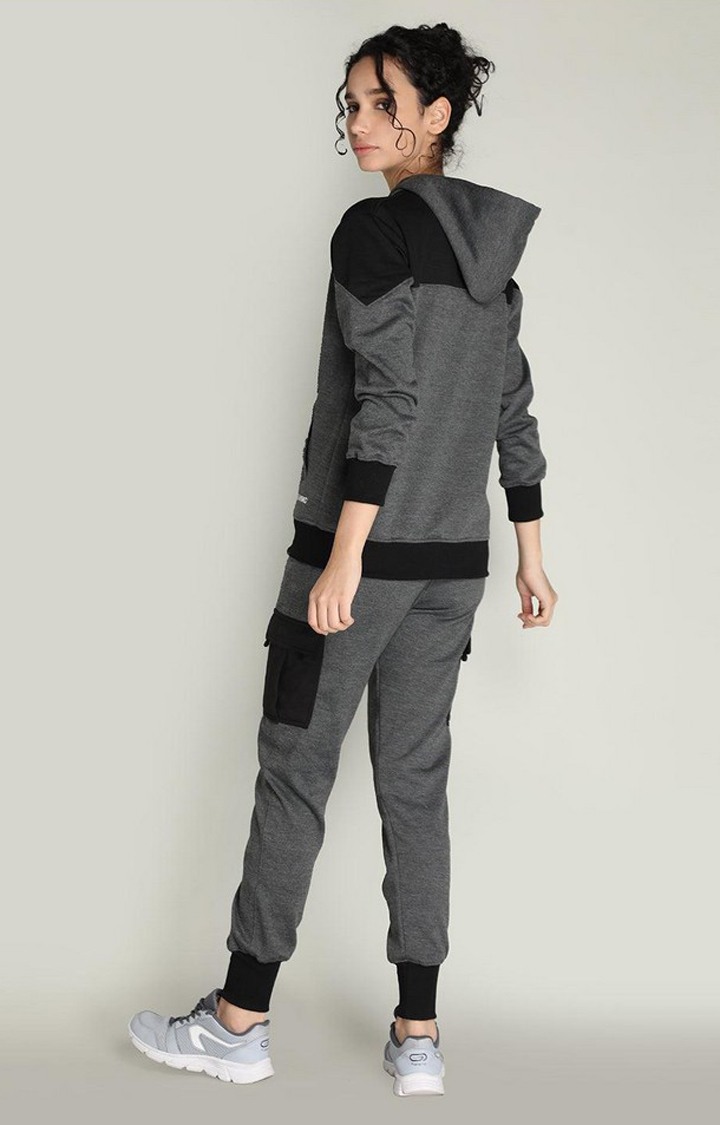 Women's Dark Grey Melange Textured Polyester Tracksuit