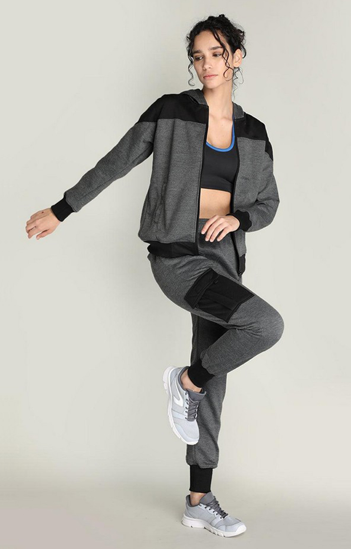 Women's Grey Melange Textured Polyester Tracksuit