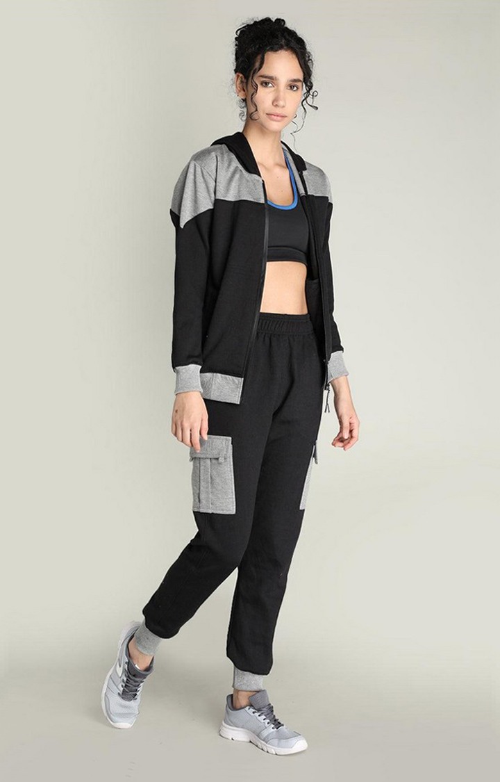 Women's Black and Grey Melange Textured Polyester Tracksuit