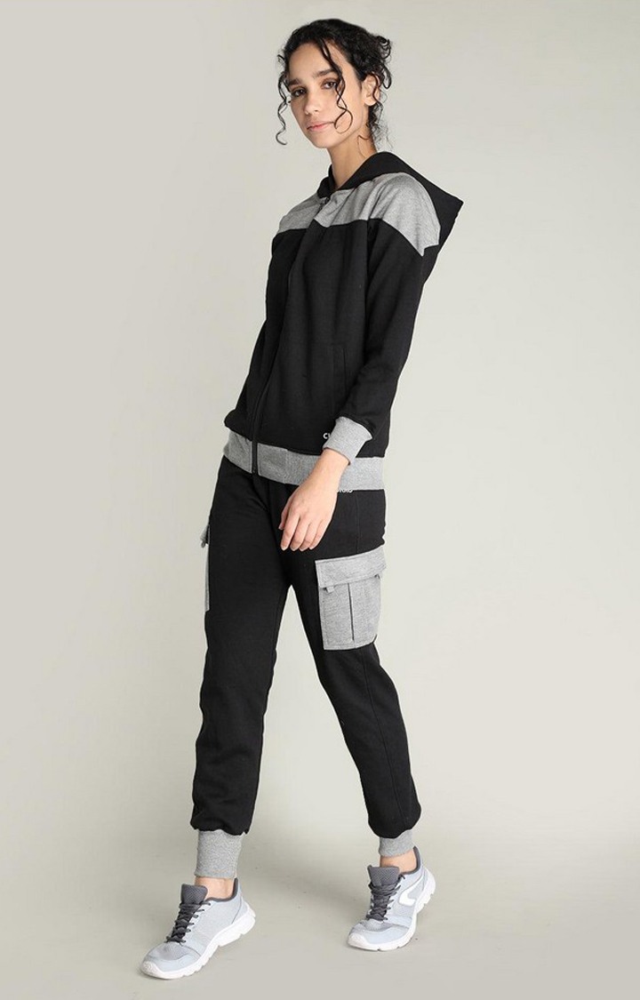 Women's Black and Grey Melange Textured Polyester Tracksuit