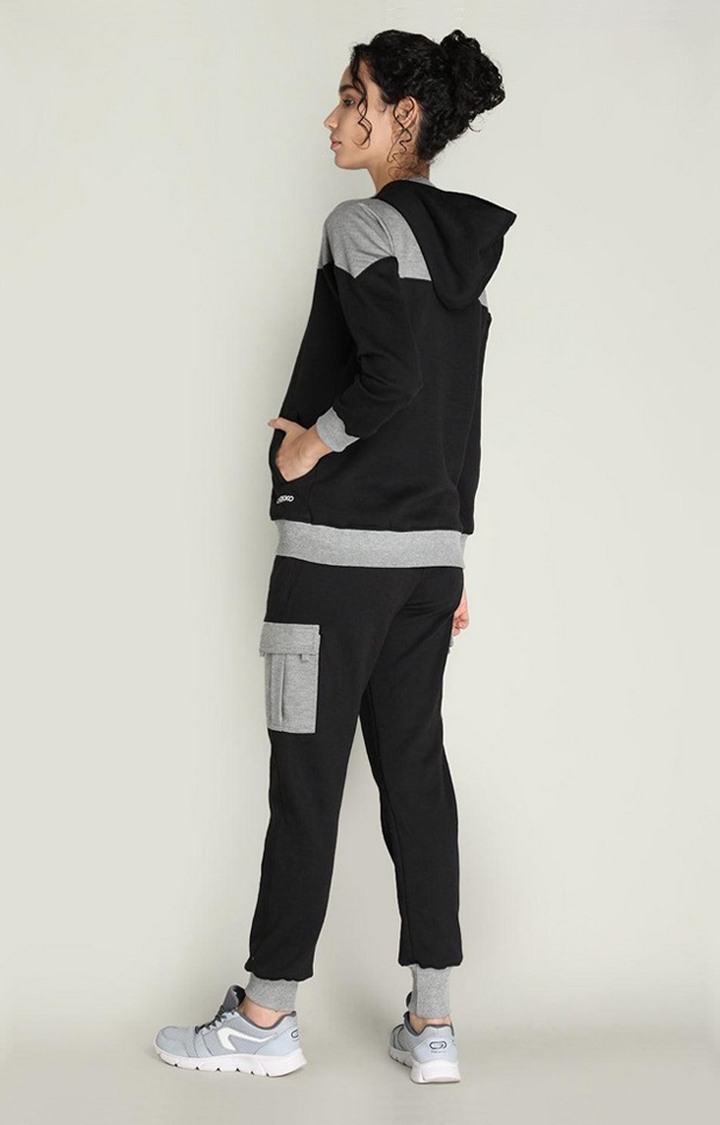 Women's Black and Grey Melange Textured Polyester Tracksuit