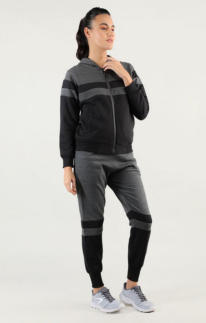 Women's Black and Grey Melange Textured Polyester Tracksuit