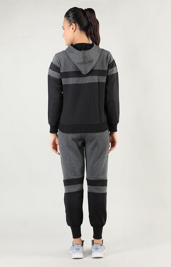 Women's Black and Grey Melange Textured Polyester Tracksuit