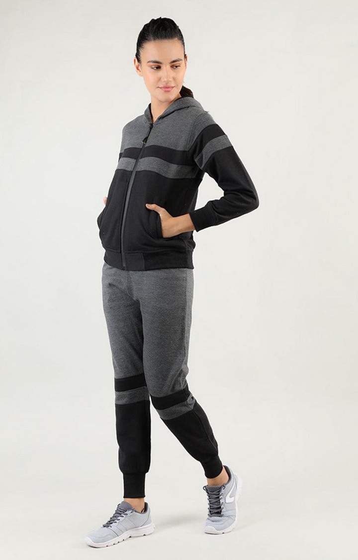 Women's Black and Grey Melange Textured Polyester Tracksuit