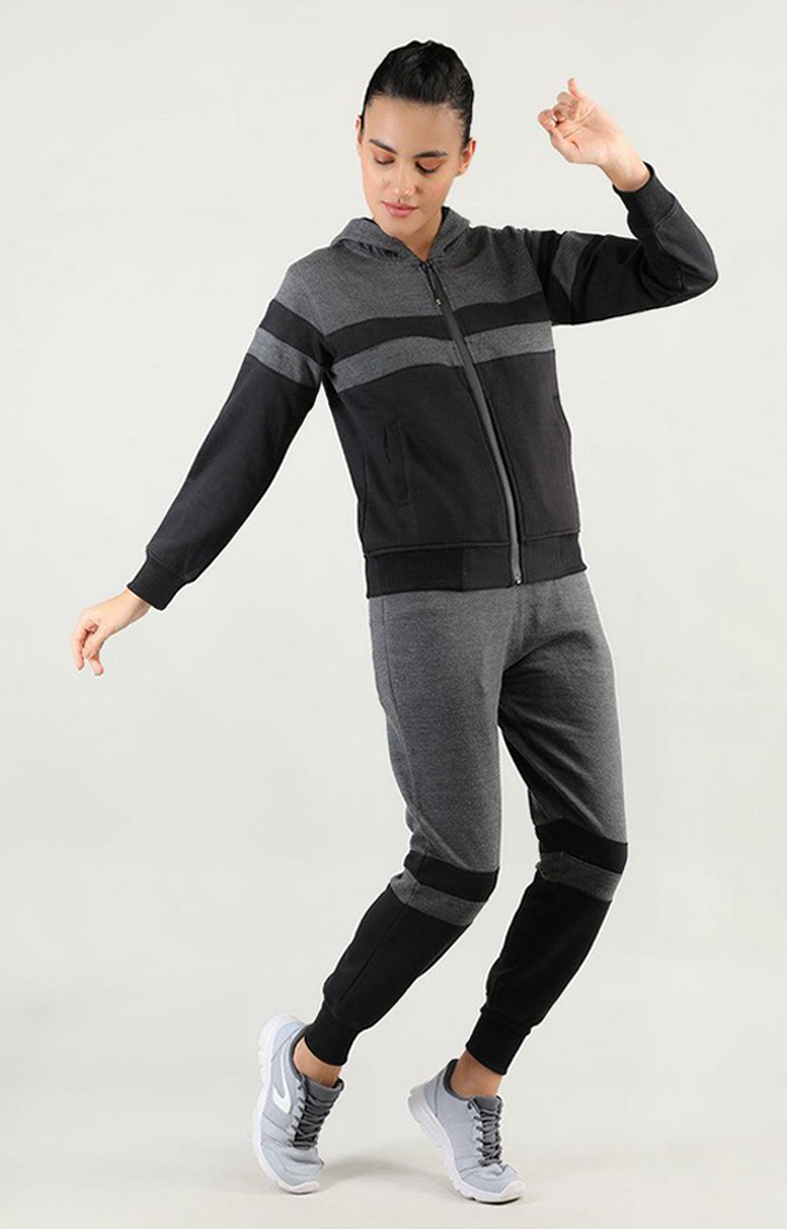 Women's Black and Grey Melange Textured Polyester Tracksuit