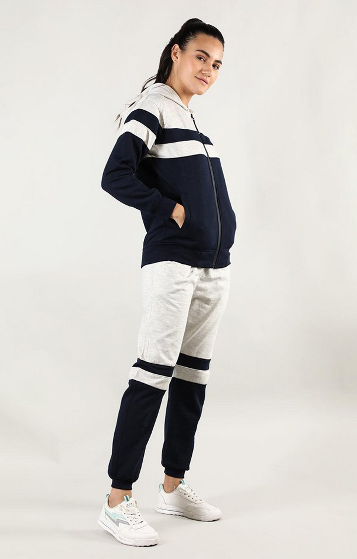 Women's Navy Blue and Grey Melange Textured Polyester Tracksuit