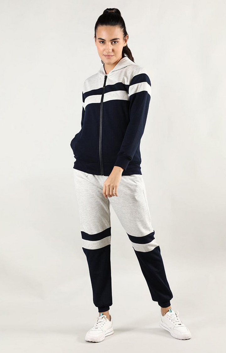 Women's Navy Blue and Grey Melange Textured Polyester Tracksuit