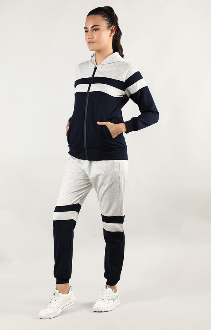 Women's Navy Blue and Grey Melange Textured Polyester Tracksuit