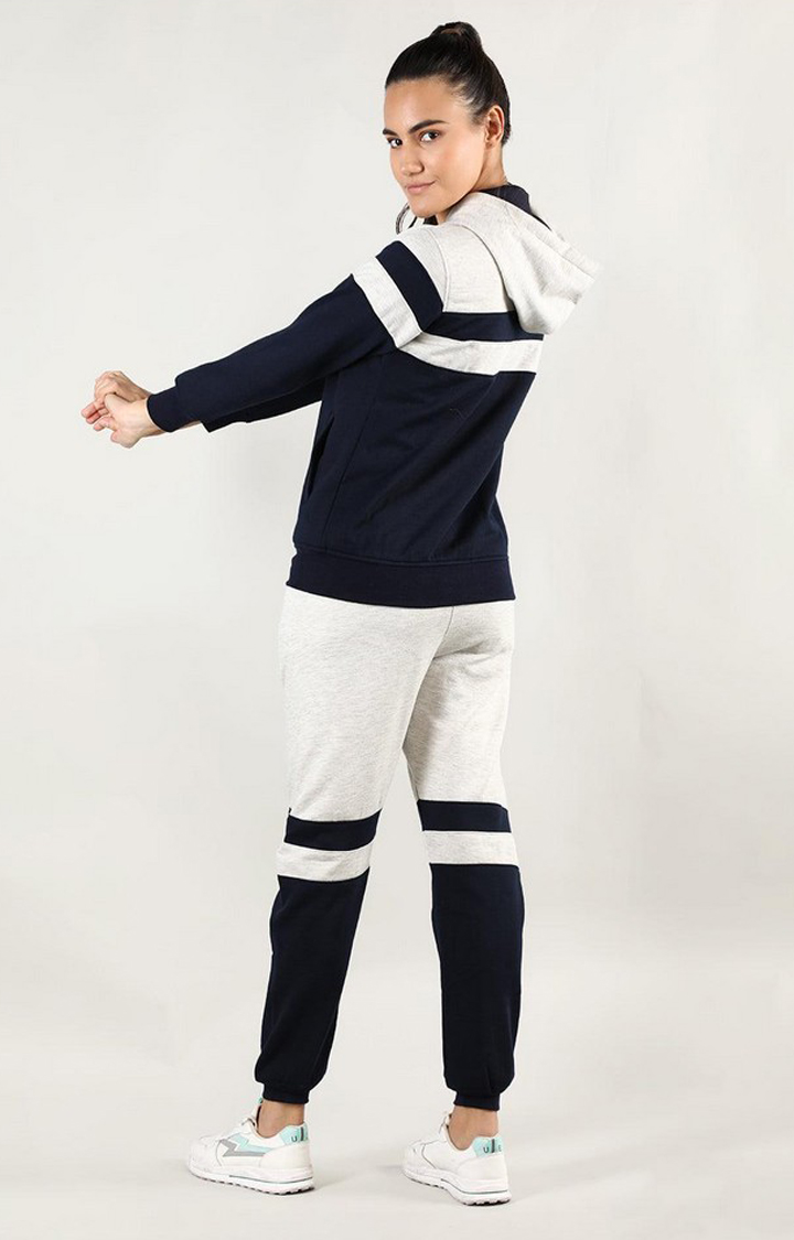 Women's Navy Blue and Grey Melange Textured Polyester Tracksuit