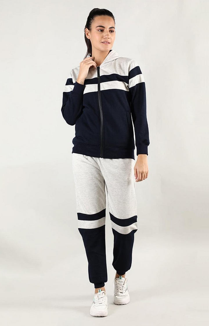 Women's Navy Blue and Grey Melange Textured Polyester Tracksuit