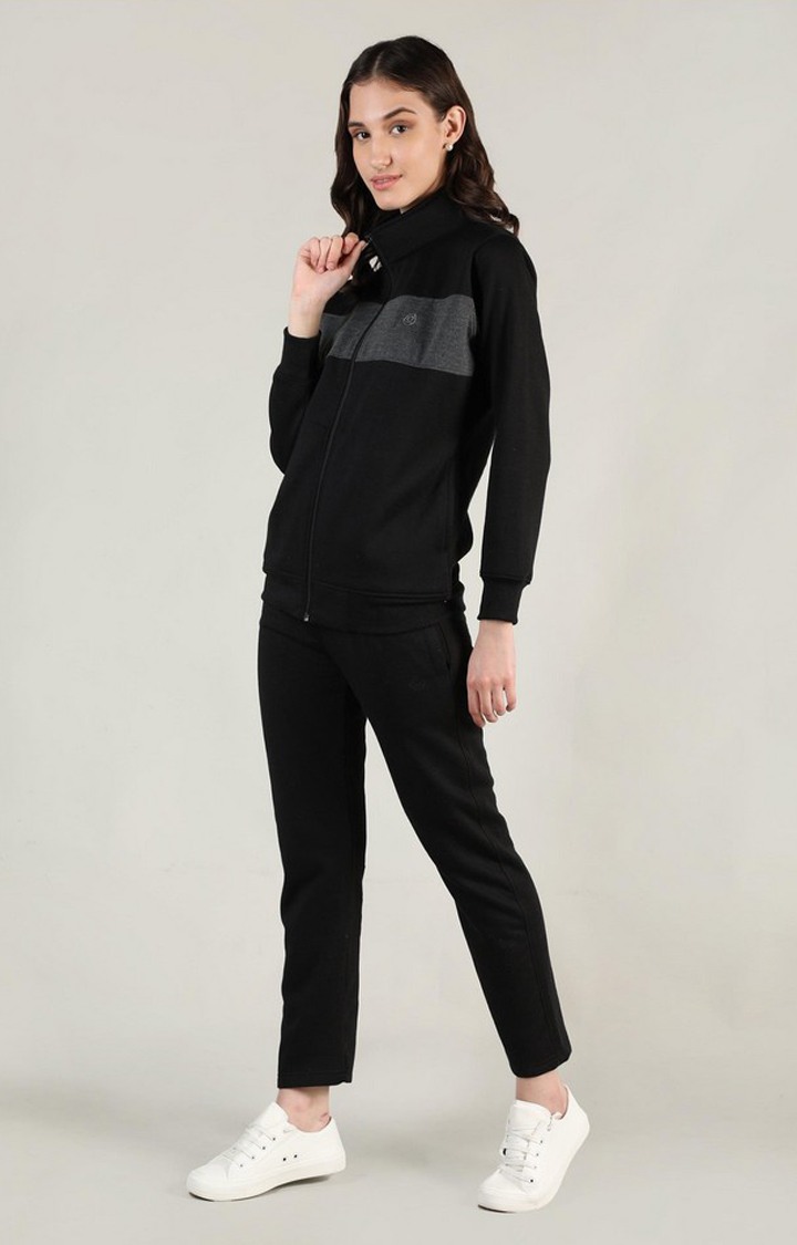 Women's Black and Grey Solid Polyester Tracksuit