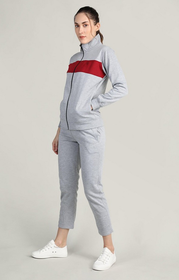 Women s Grey and Red Melange Textured Polyester Tracksuit