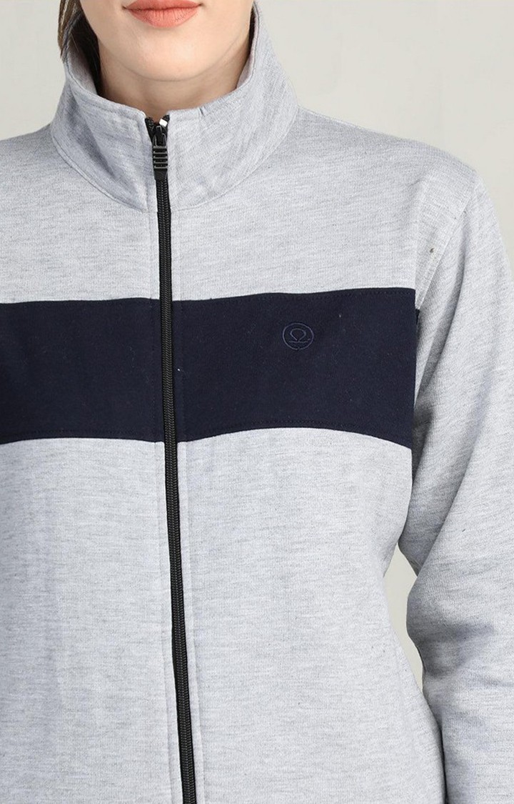 Women's Grey and Navy Blue Melange Textured Polyester Tracksuit