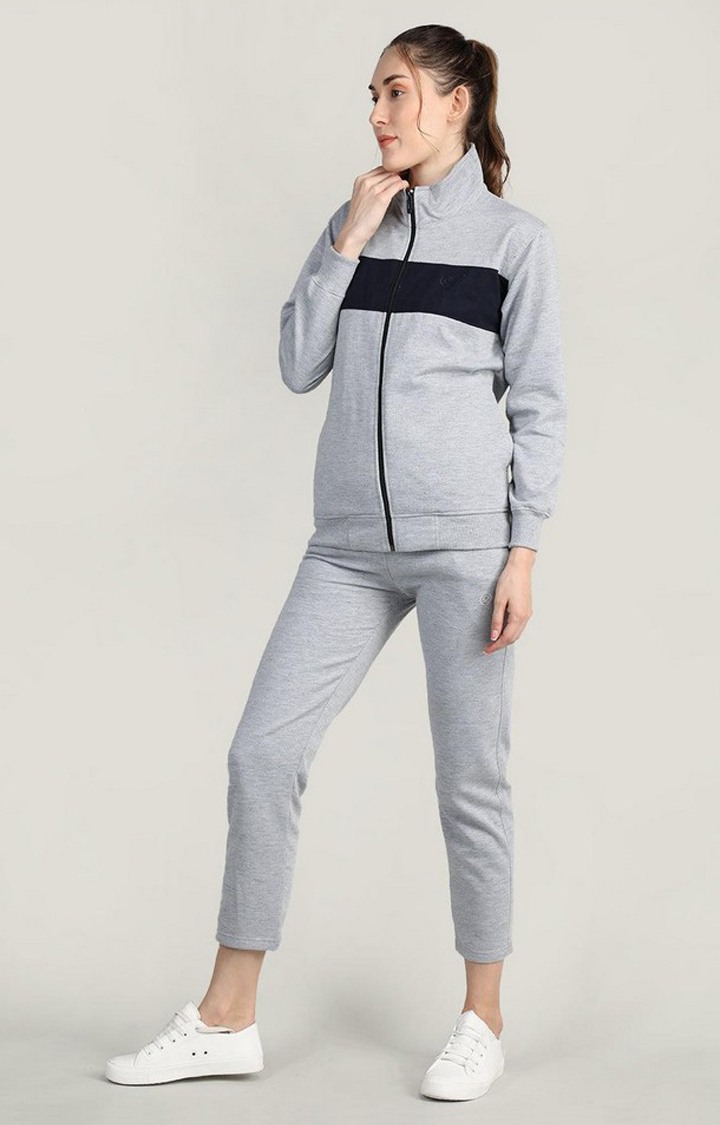 Women's Grey and Navy Blue Melange Textured Polyester Tracksuit