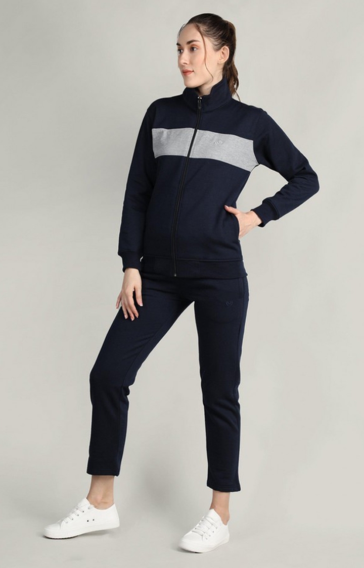 Women's Navy Blue and Grey Solid Polyester Tracksuit