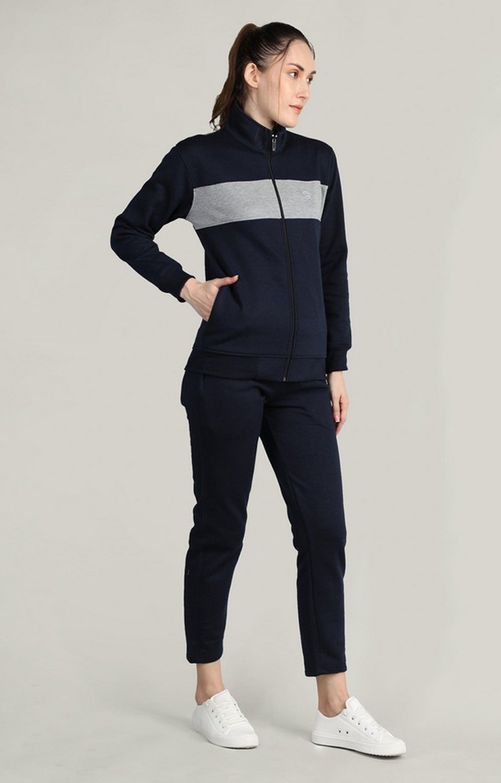Women's Navy Blue and Grey Solid Polyester Tracksuit