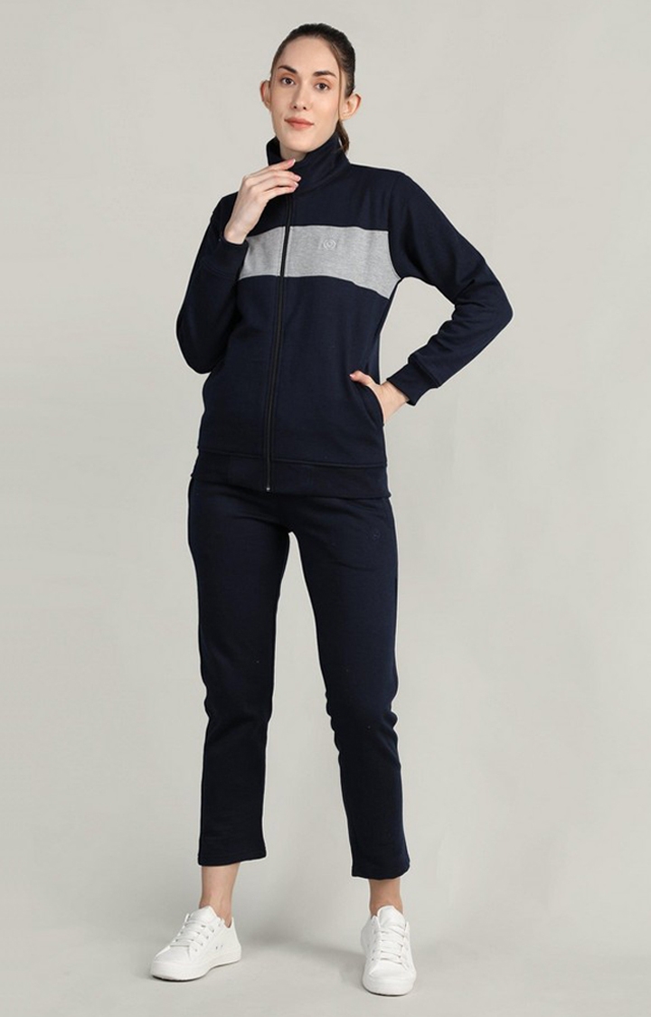 CHKOKKO | Women's Navy Blue and Grey Solid Polyester Tracksuit