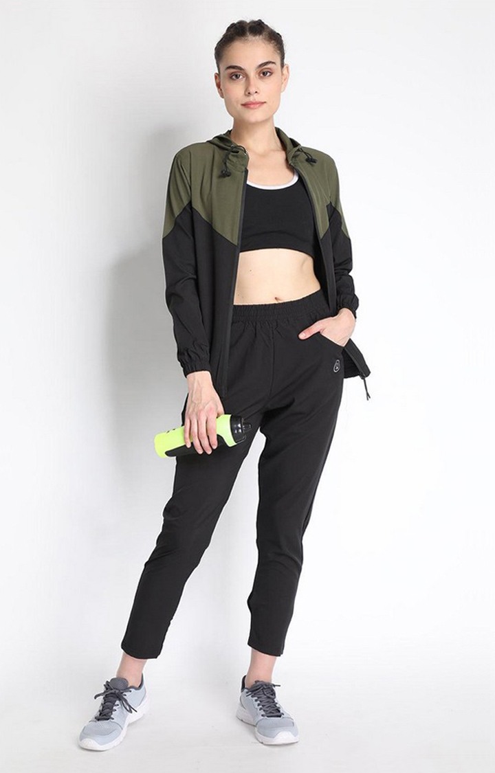 Women s Olive Green and Black Colourblocked Polyester Tracksuit