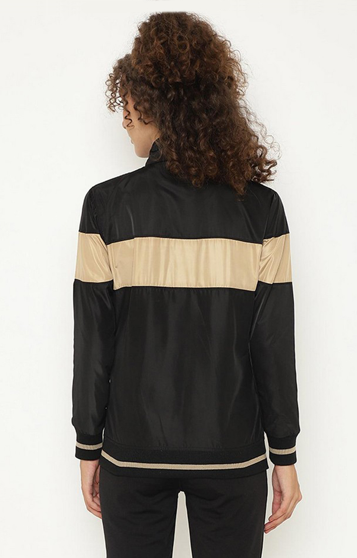 Women's Black & Beige Colorblocked Polyester Activewear Jackets