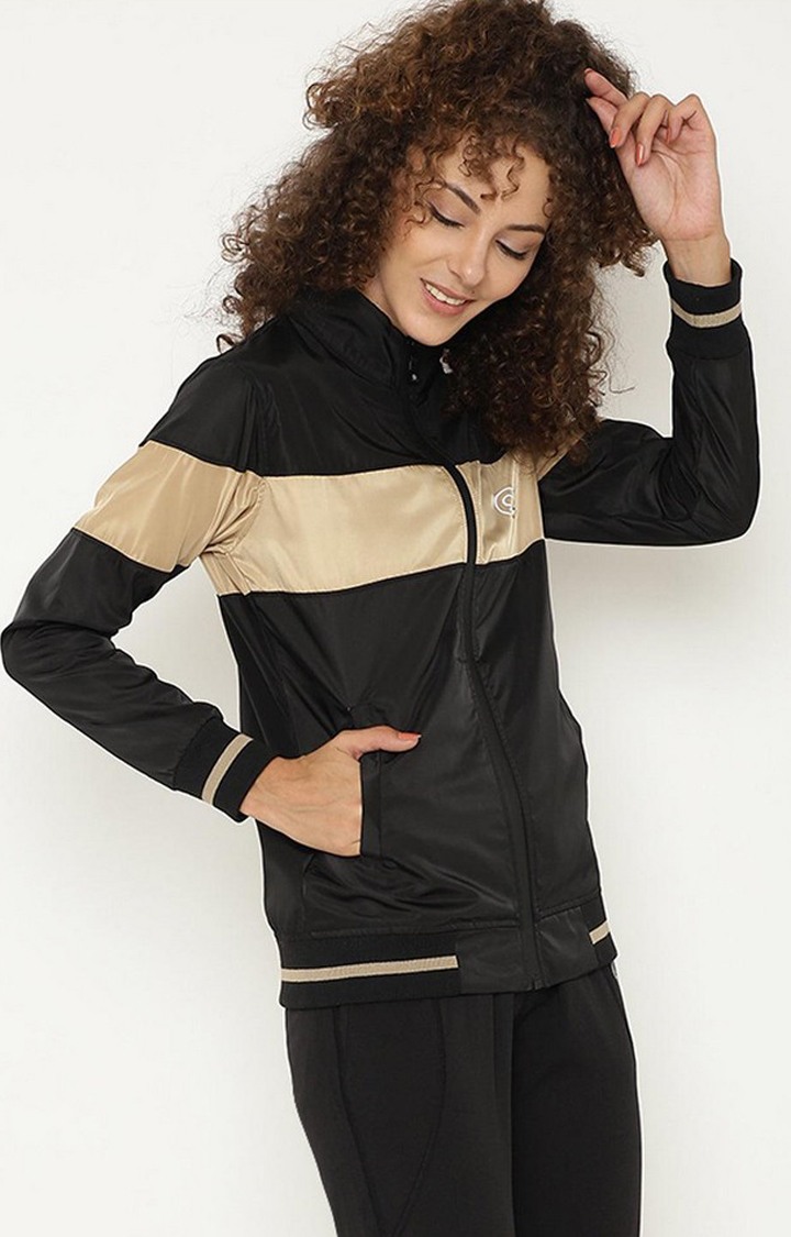 Women's Black & Beige Colorblocked Polyester Activewear Jackets