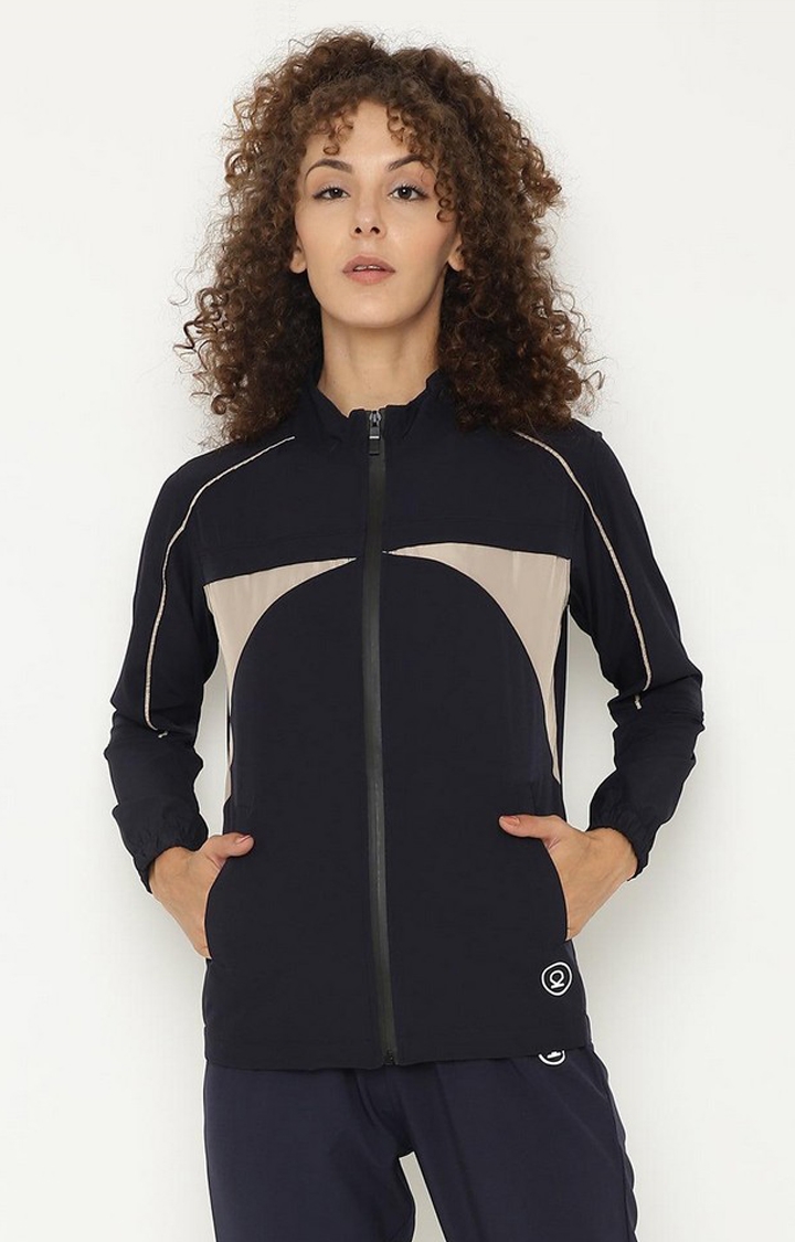 CHKOKKO | Women's Navy Blue & Beige Colorblocked Polyester Activewear Jackets