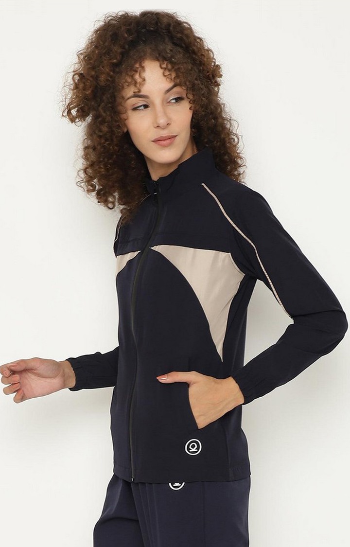 Women's Navy Blue & Beige Colorblocked Polyester Activewear Jackets