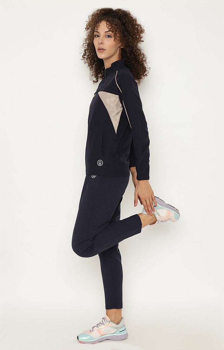 Women's Navy Blue & Beige Colorblocked Polyester Activewear Jackets