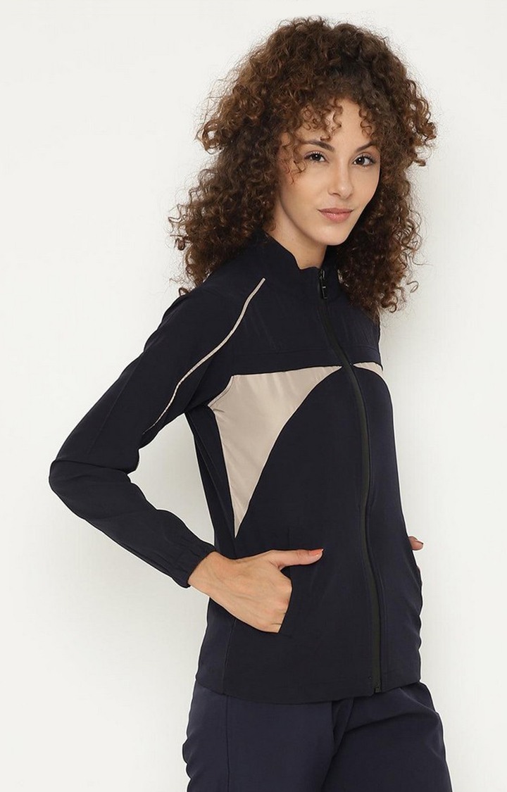 Women's Navy Blue & Beige Colorblocked Polyester Activewear Jackets