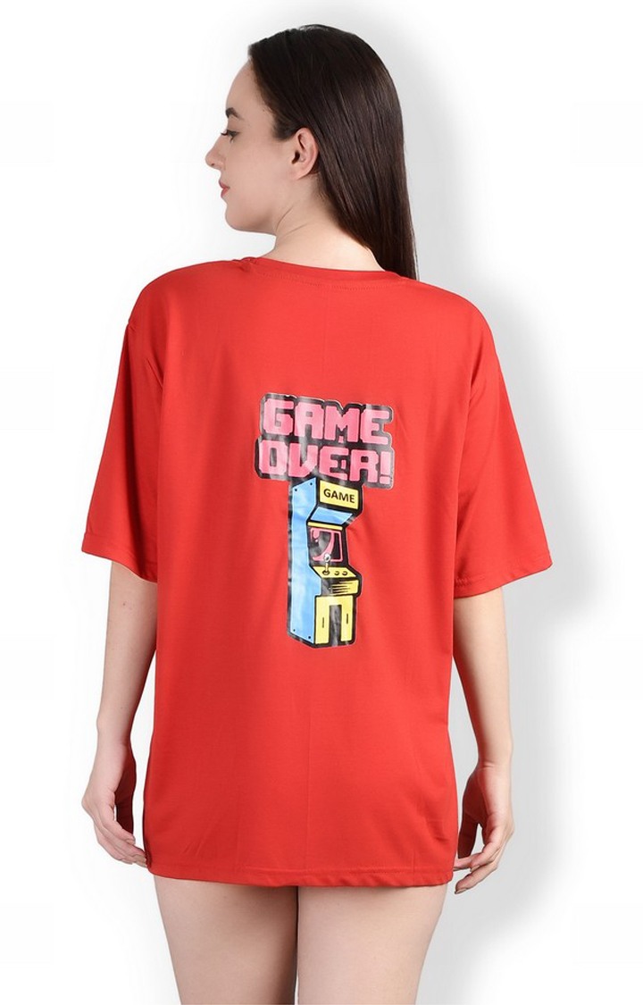 Game Over : Quirky Printed Oversized Women's Tees In Red Color