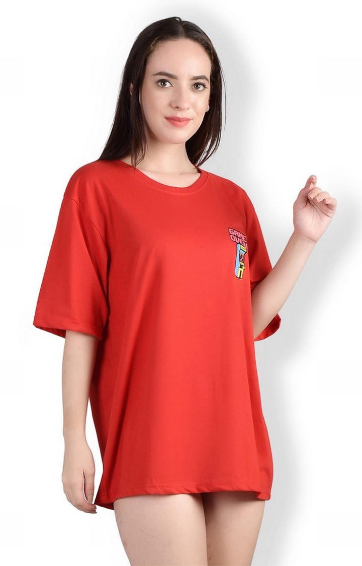 Game Over : Quirky Printed Oversized Women's Tees In Red Color
