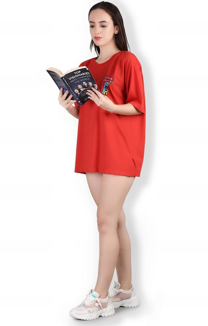Game Over : Quirky Printed Oversized Women's Tees In Red Color