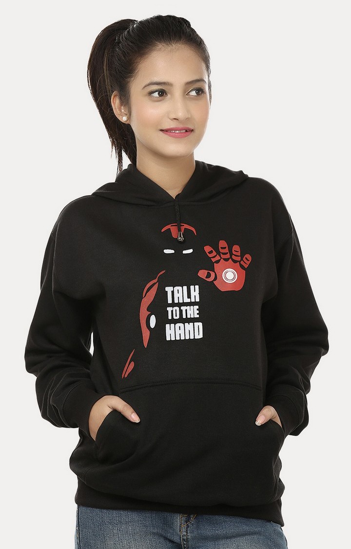Weardo | Women's Black Acrylic Printed Hoodies