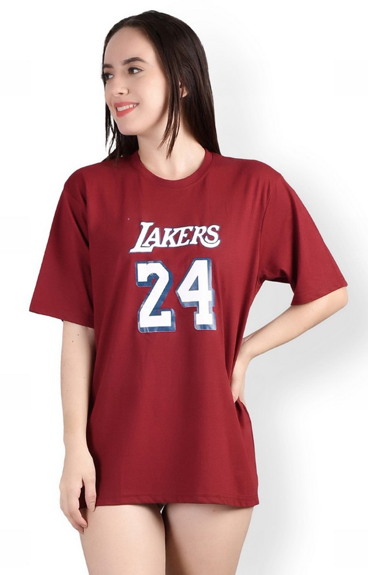 Weardo | Lakers : Quirky Printed Oversized Women's Tees In Maroon Color