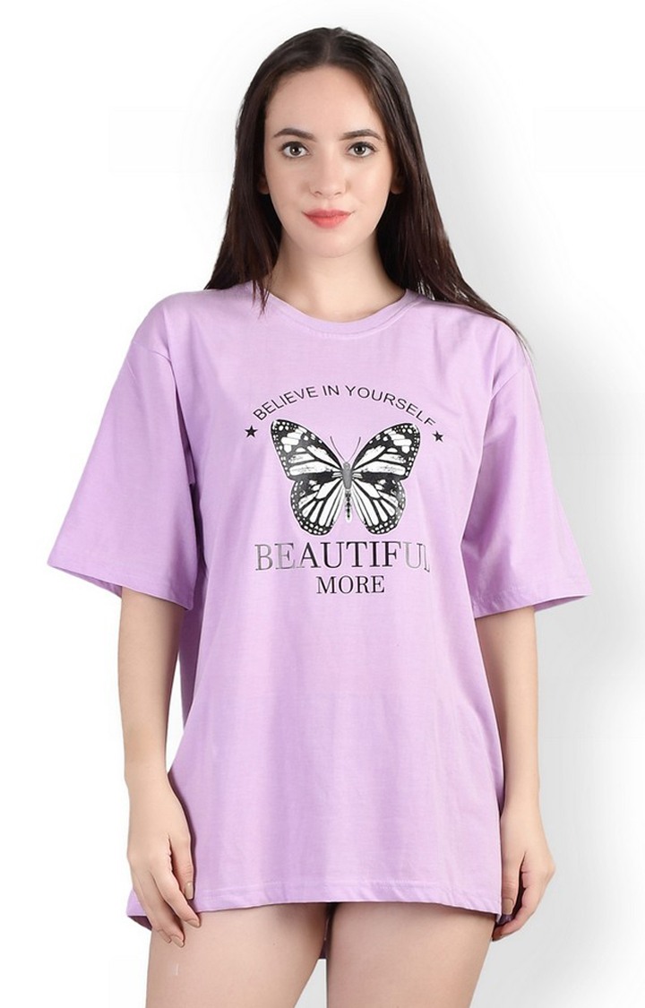 Weardo | Stylish Butterfly : Quirky Printed Oversized Women's Tees In Mauve Color