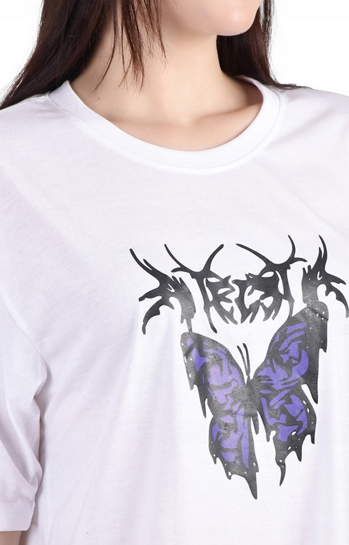 Stylish Butterfly : Quirky Printed Oversized Women's Tees In White Color