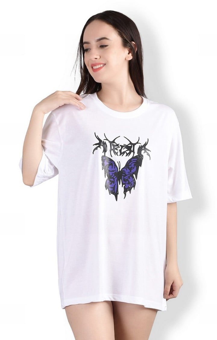 Weardo | Stylish Butterfly : Quirky Printed Oversized Women's Tees In White Color