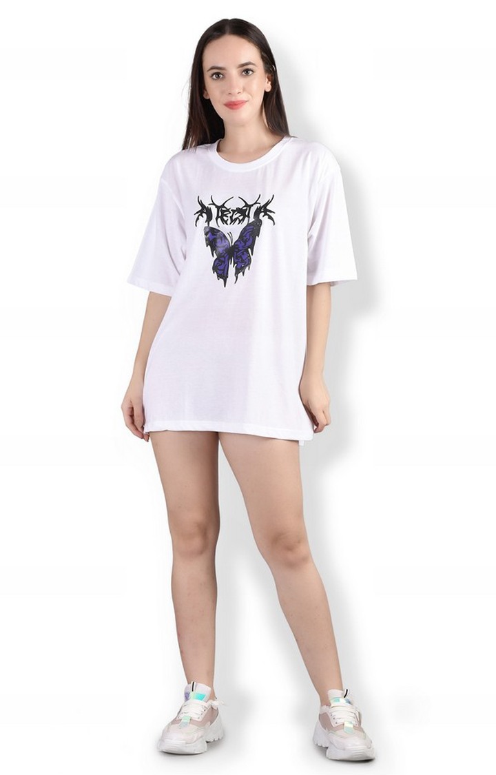 Stylish Butterfly : Quirky Printed Oversized Women's Tees In White Color