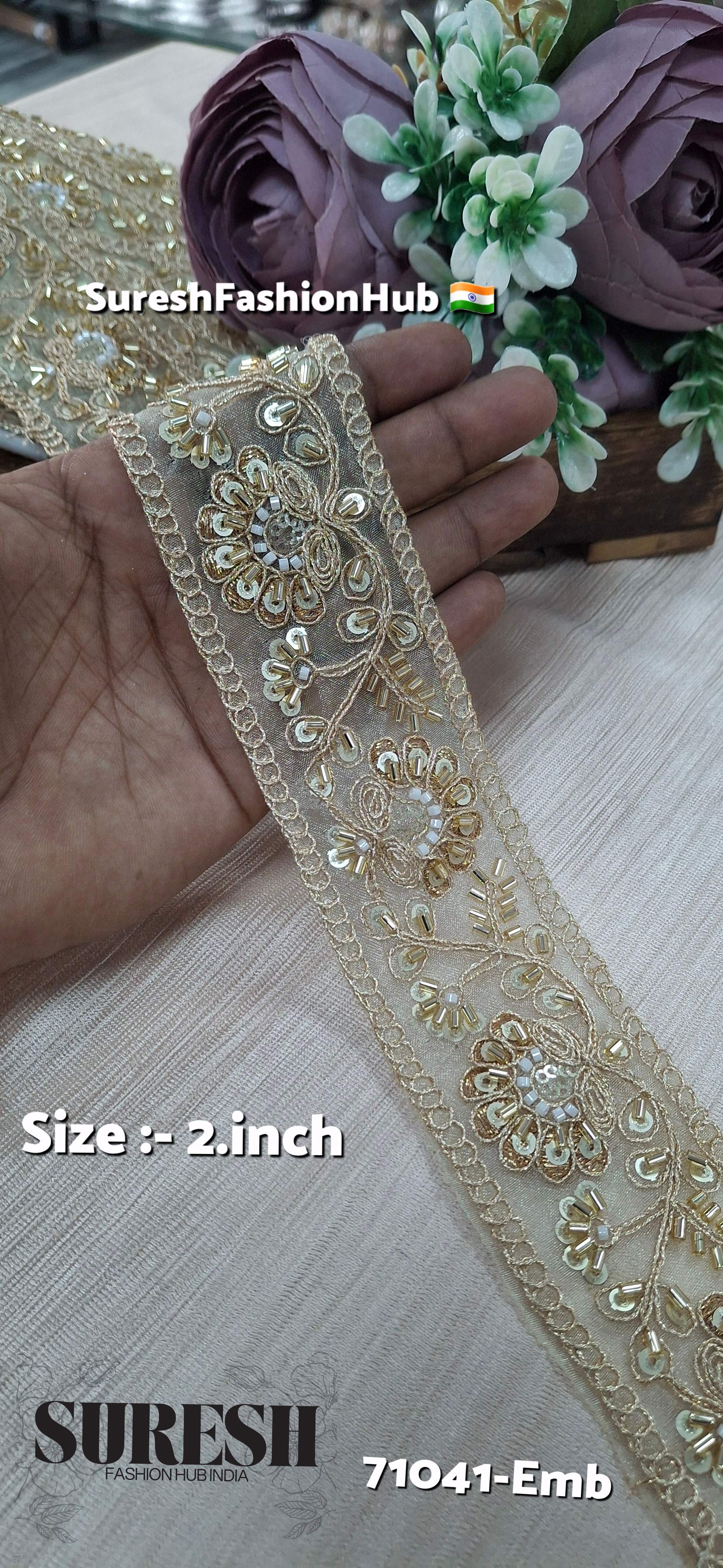 Organza Embroidered Border Pearl Gold