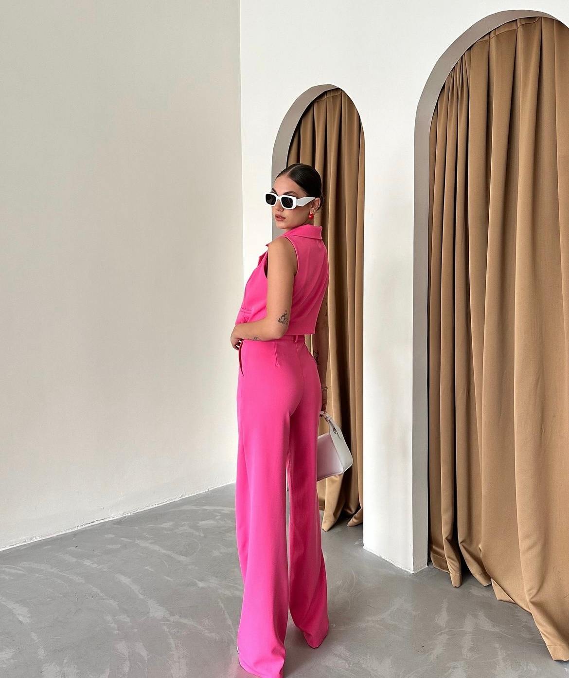Fuchsia waistcoat and pants co-ord set with piping