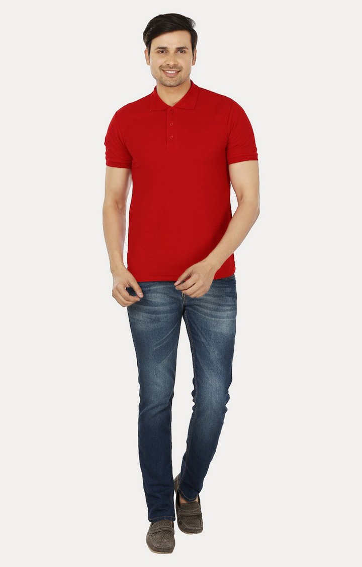 Men's Red Cotton Solid Polos