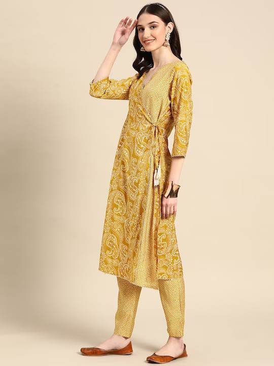 Women Mustard Yellow Ethnic Motifs Printed Angrakha Gotta Patti Kurta with Trousers