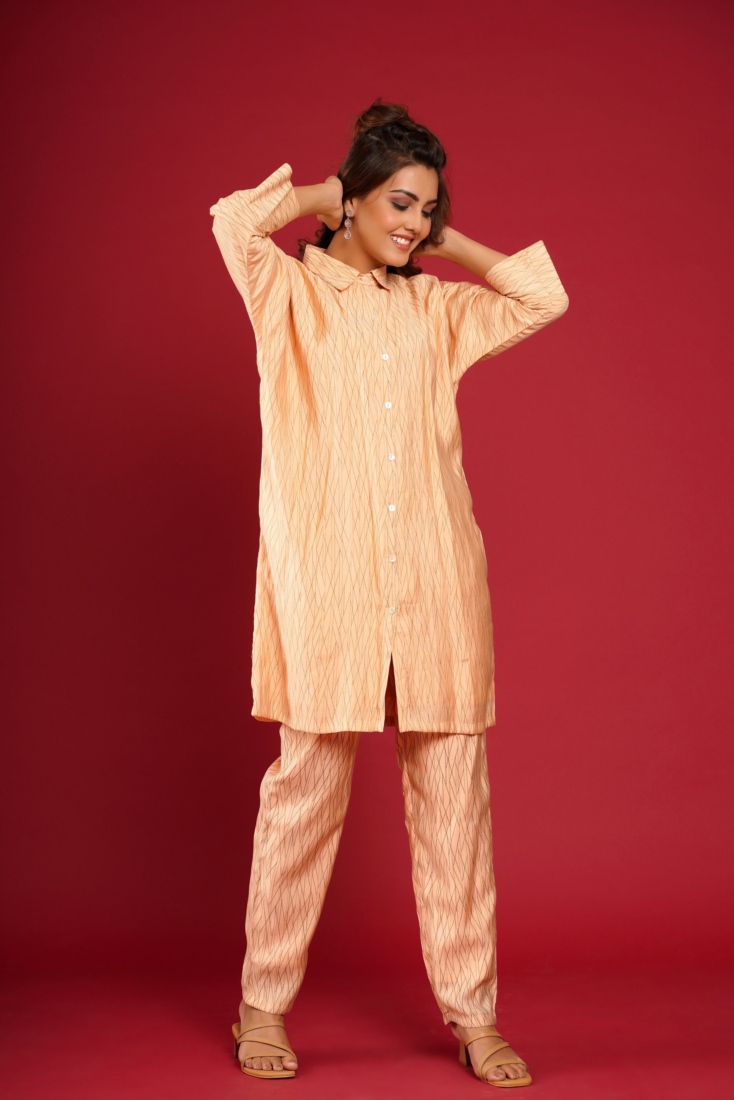 PEACH MUSLIN PRINTED CO-ORD SET