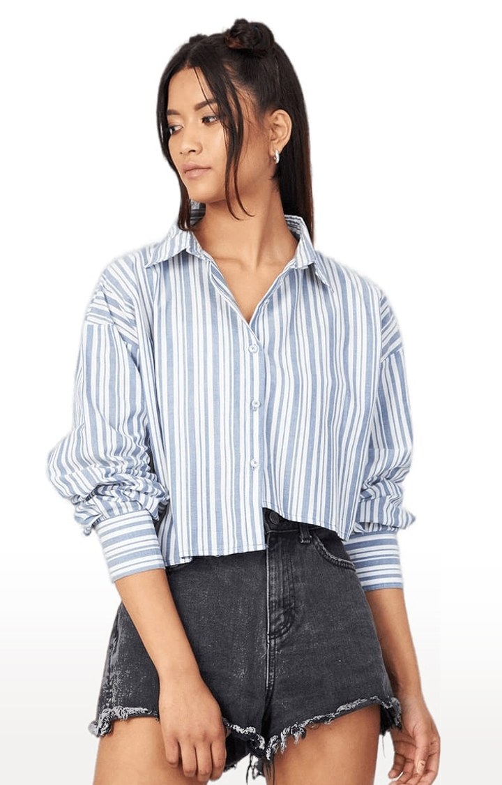 Women's Blue and White Viscose Striped Crop Shirt