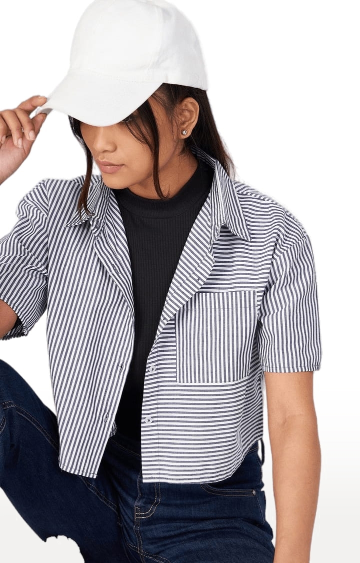 Women's Grey and White Viscose Striped Crop Shirt