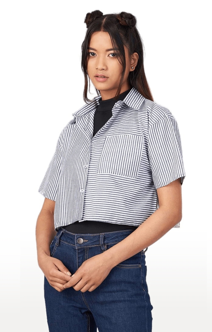 CHIMPAAANZEE | Women's Grey and White Viscose Striped Crop Shirt 0