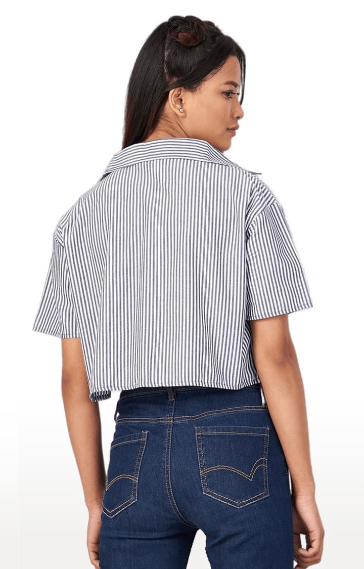 Women's Grey and White Viscose Striped Crop Shirt