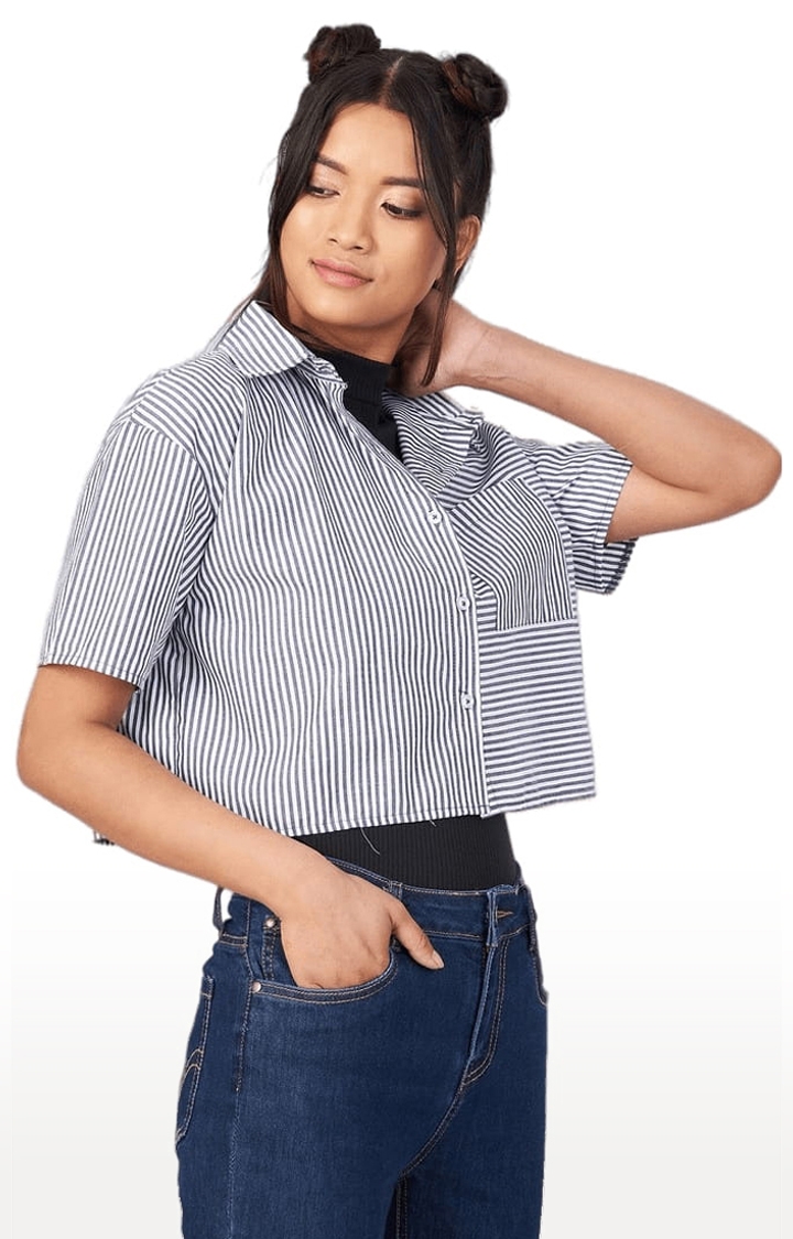 CHIMPAAANZEE | Women's Grey and White Viscose Striped Crop Shirt 2