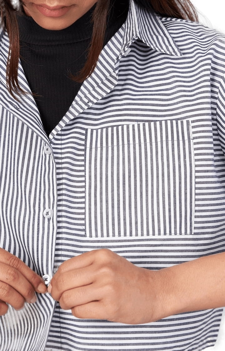 Women's Grey and White Viscose Striped Crop Shirt